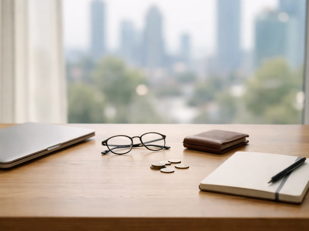 Minimal desk scene with closed laptop, coins, and wallet suggesting financial analysis without showing any person.