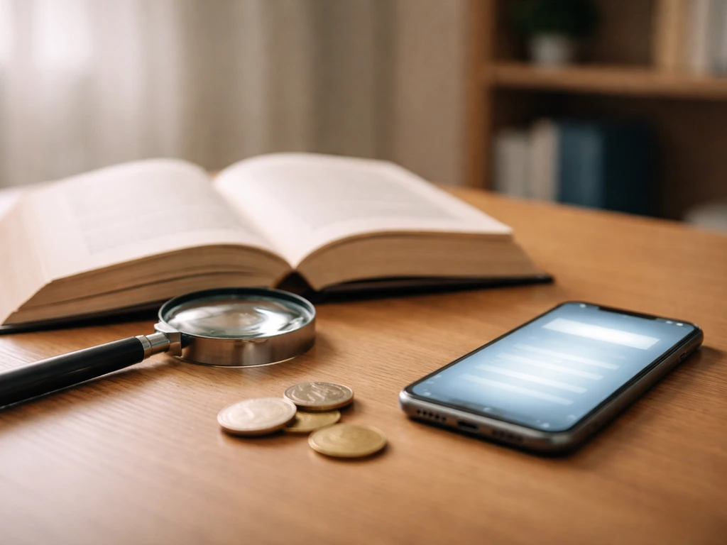 A desk with an open book, smartphone search screen glow, and scattered coins symbolizing verifying an author’s net worth