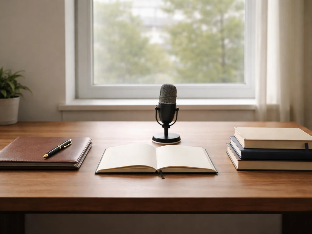 Minimal photo of a legal-style desk with pen, notebook, and a small stack of books beside a modern window.