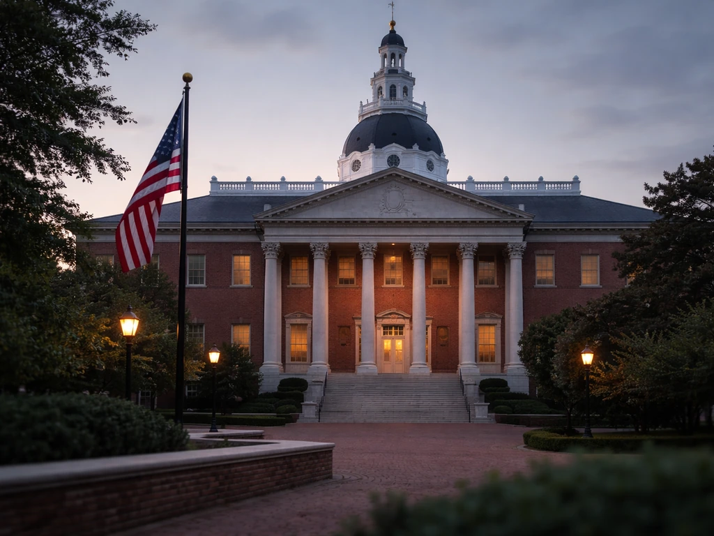 Quiet Maryland State House exterior with a plain American flag in early evening light.