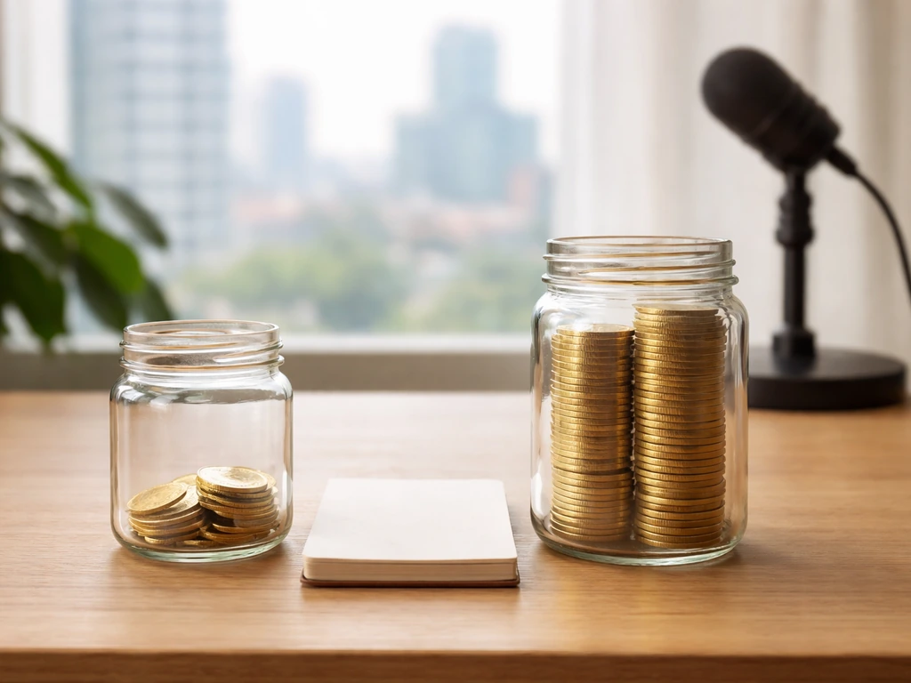 Two coin-filled glass jars of very different heights on a desk, symbolizing a wide net worth range.