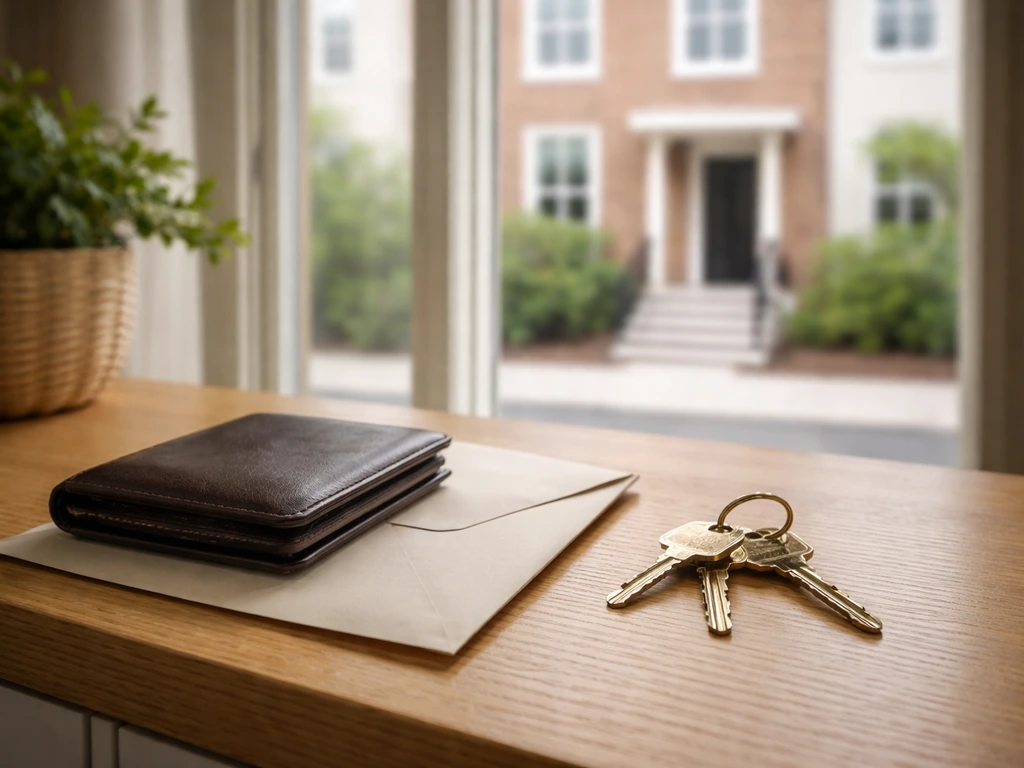 Close view of house keys and wallet on a table with a blurred townhouse facade outside the window.