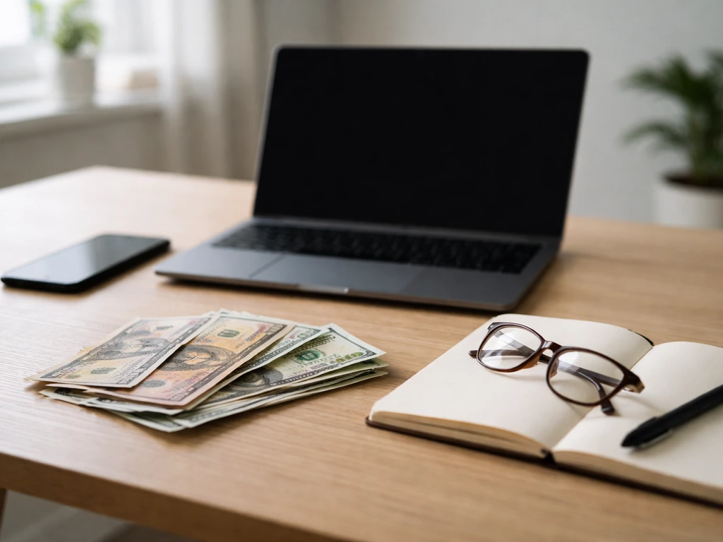 Minimal office scene with a laptop, cash, and a smartphone showing vague financial evidence concept.
