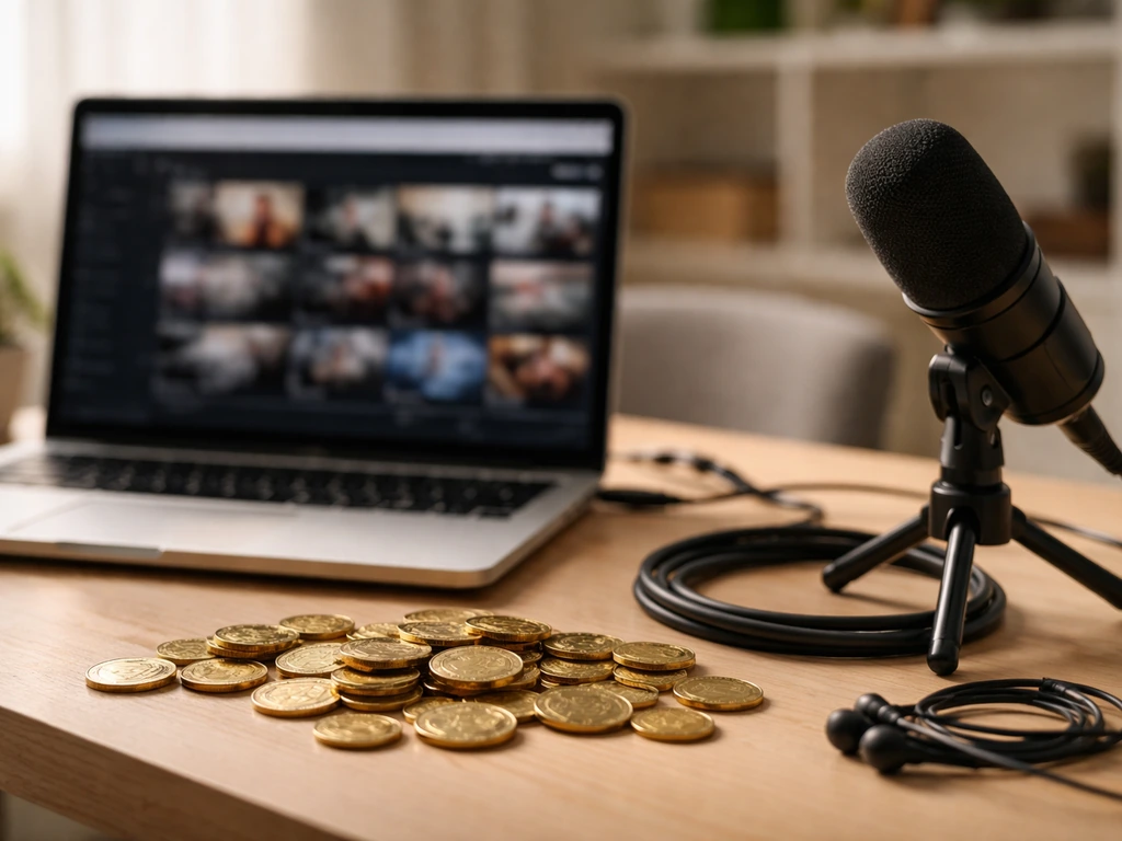 Minimal photo of a desk with a laptop showing a blank video thumbnail, coins, and a mic—creator wealth theme.
