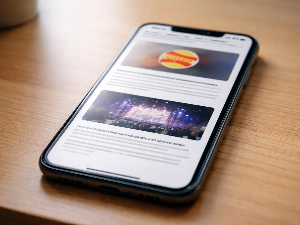Smartphone on a wooden desk showing blurred news coverage of brand partnerships and sponsorships.