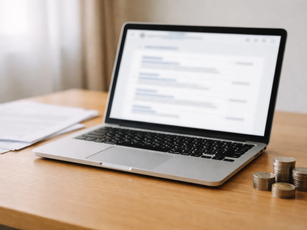 Laptop showing a blurred government company search page layout with money and documents nearby