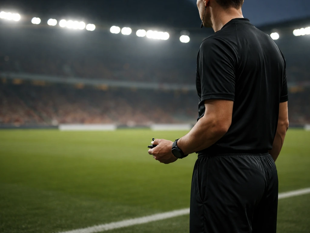 Anonymous referee in black kit on a football pitch at match day, signaling authority with a whistle.