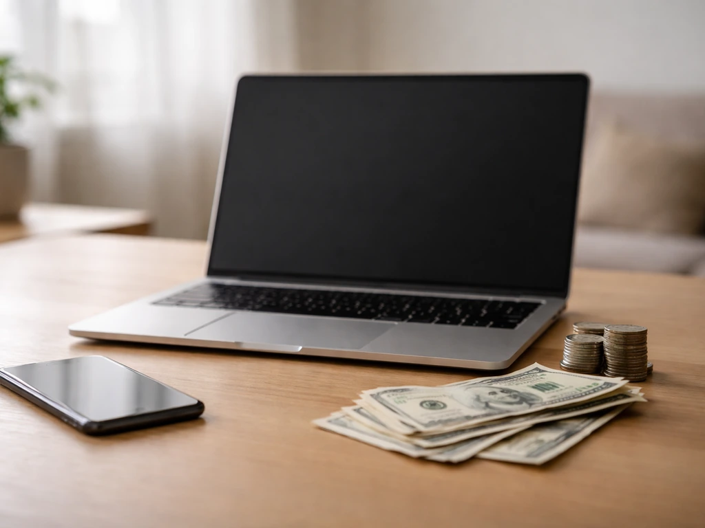 Minimal desk scene with scattered currency and a smartphone beside a laptop, symbolizing net-worth comparison