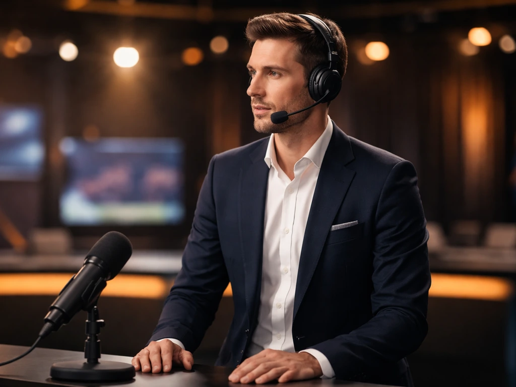 Anonymous TV studio presenter at a microphone, suited and focused, with soft lights suggesting a primetime sports show.