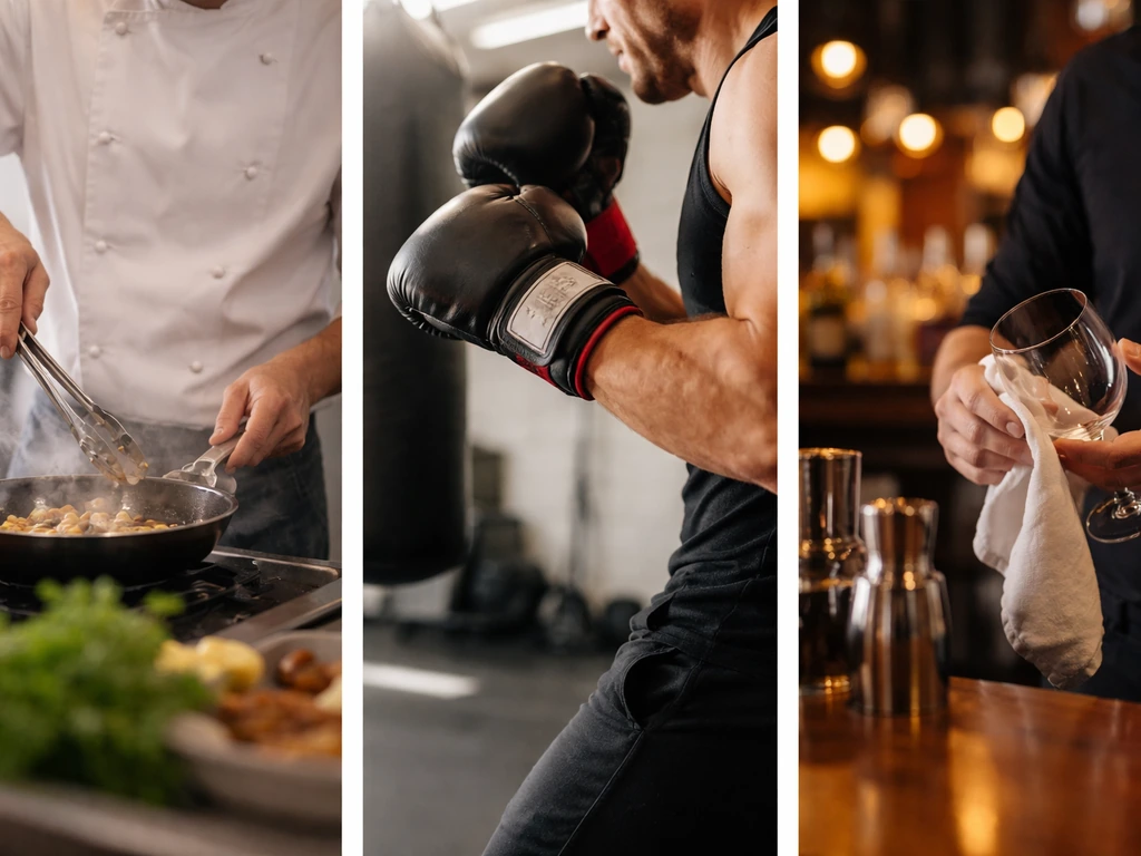 Three-part photo collage suggesting different people named Mark Flanagan, with one cooking-themed scene