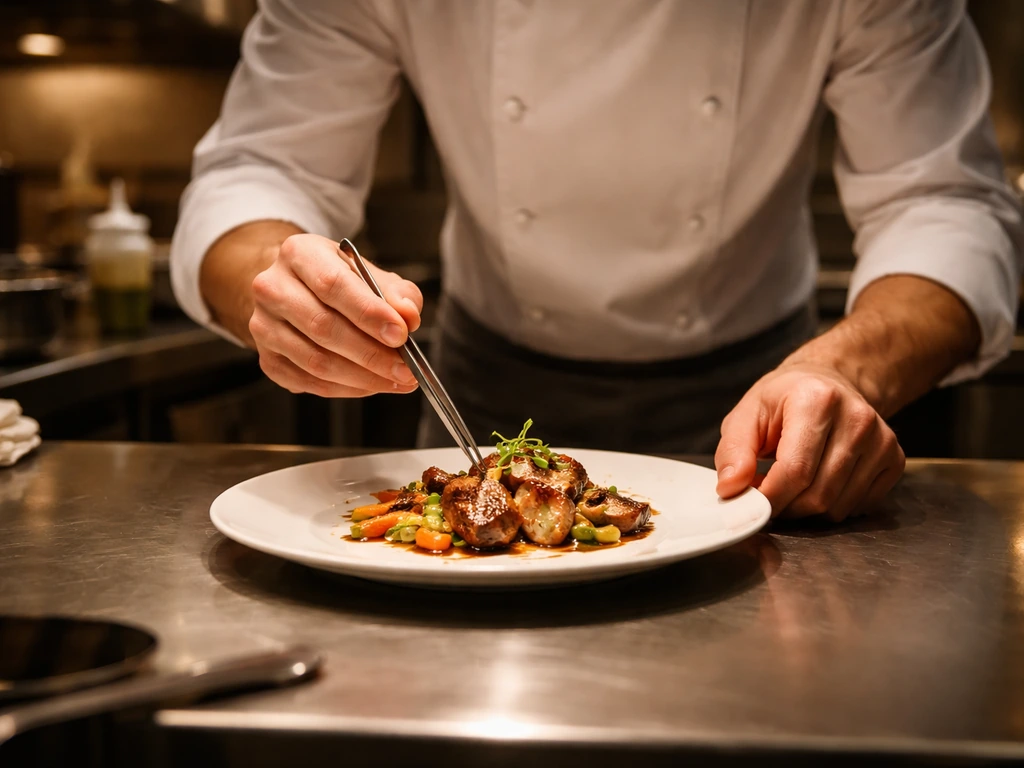 Chef in a high-end kitchen plating a dish, conveying a career built through professional service roles.