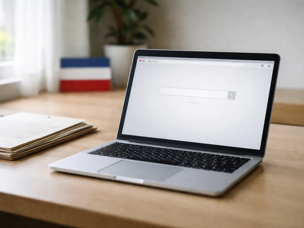 Laptop on a desk with a generic search screen and documents, suggesting verifying an estimate