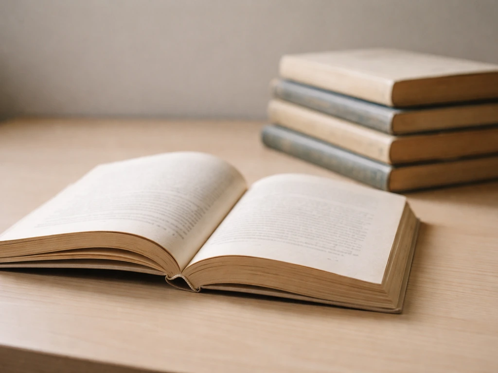 Close-up of an open paperback book beside a small stack of other book covers on a wooden desk.