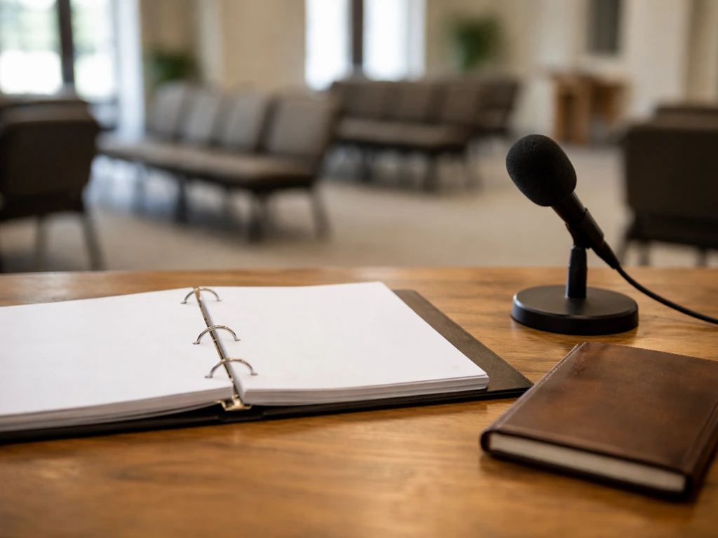 Minimal church foyer scene with a tabletop microphone and open binder on a wooden table.