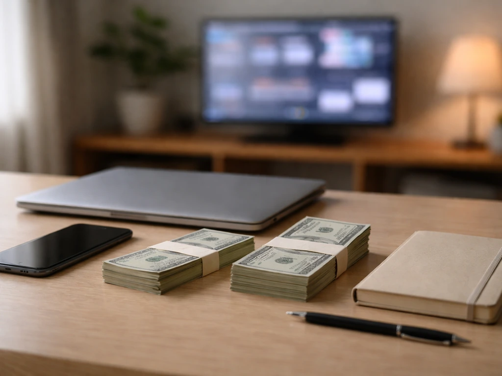 Minimal home office desk with laptop and phone beside fanned cash, symbolizing differing online wealth estimates.
