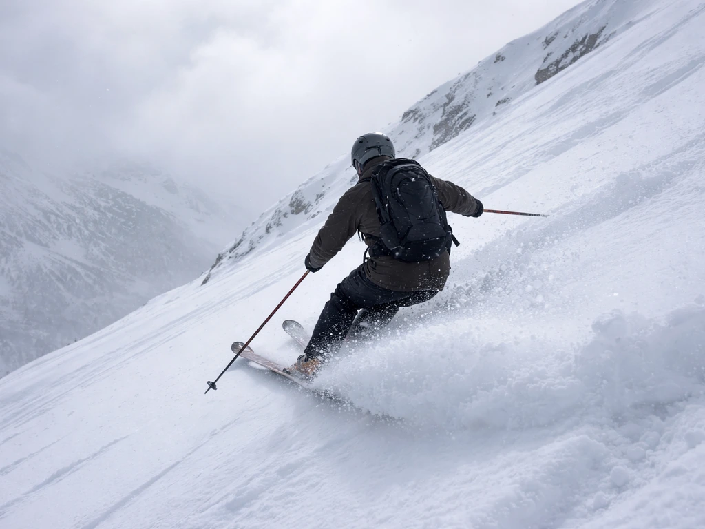 Generic skier on snow in freeskier gear, symbolizing identity confirmation without showing any person’s likeness.