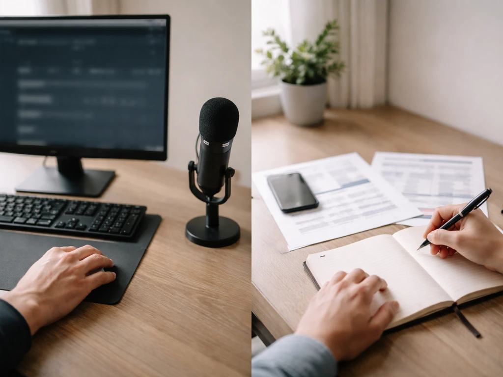 Minimal photo of two anonymous analysts at a desk with microphone and finance documents suggesting estimation methods.