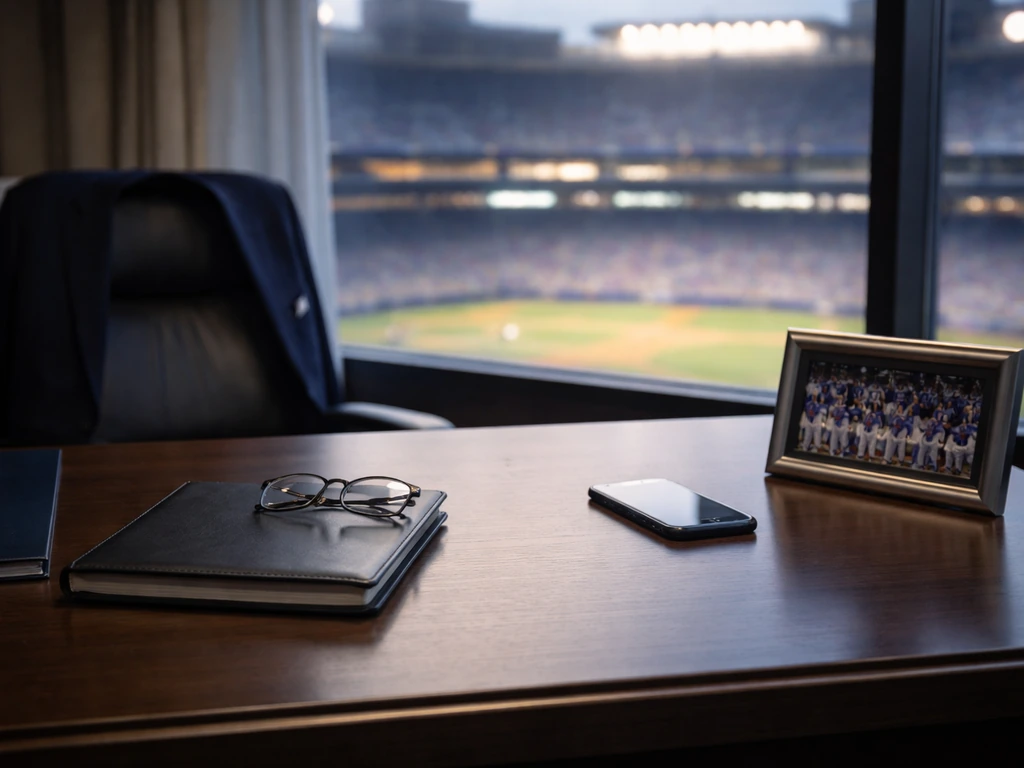 Blue Jays-themed executive desk with stadium view through a window, no people visible.