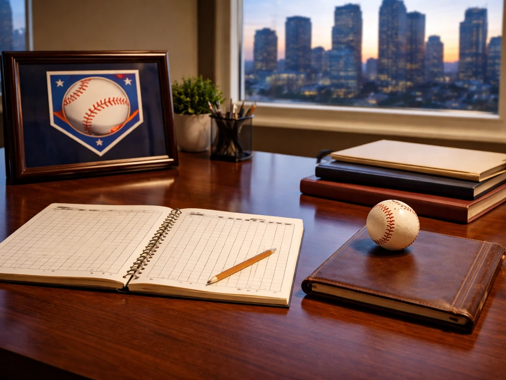 Minimal office desk with baseball memorabilia and stacked folders suggesting a baseball executive career timeline.
