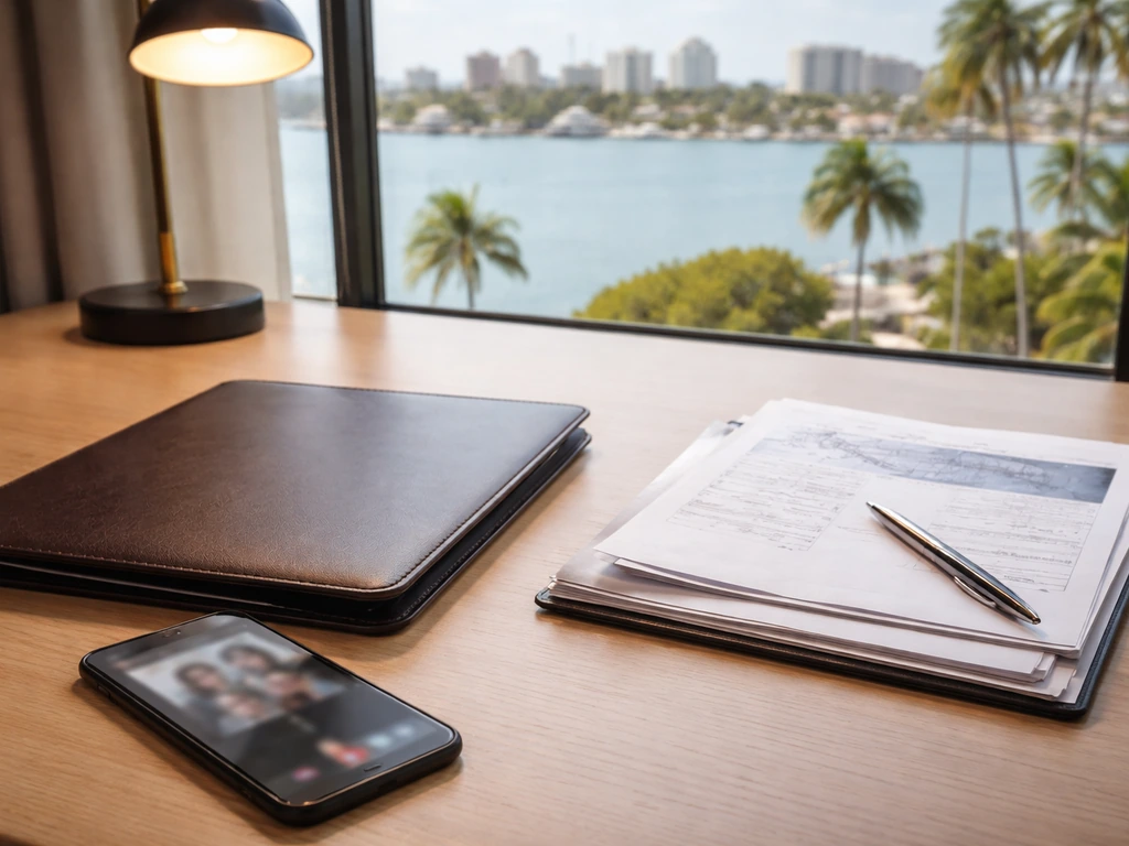 Minimal office desk scene with blurred phone, blank documents, and a Sarasota-like waterfront view in the background.