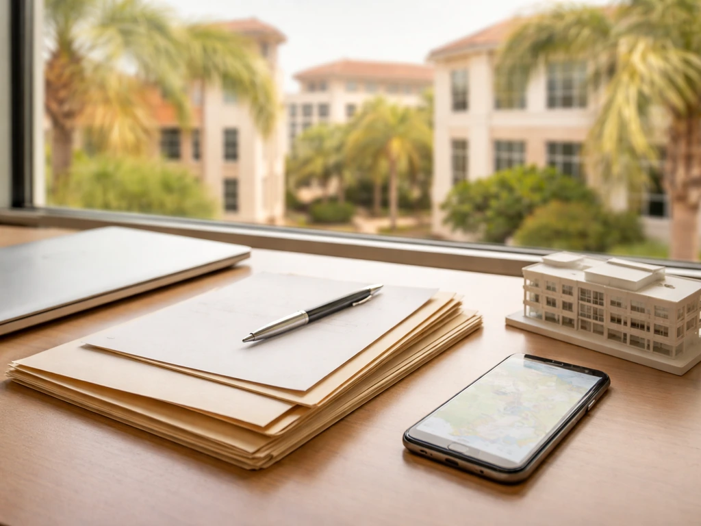Minimal desk scene with property-record folders and a blurred Sarasota city view suggesting real estate valuation eviden