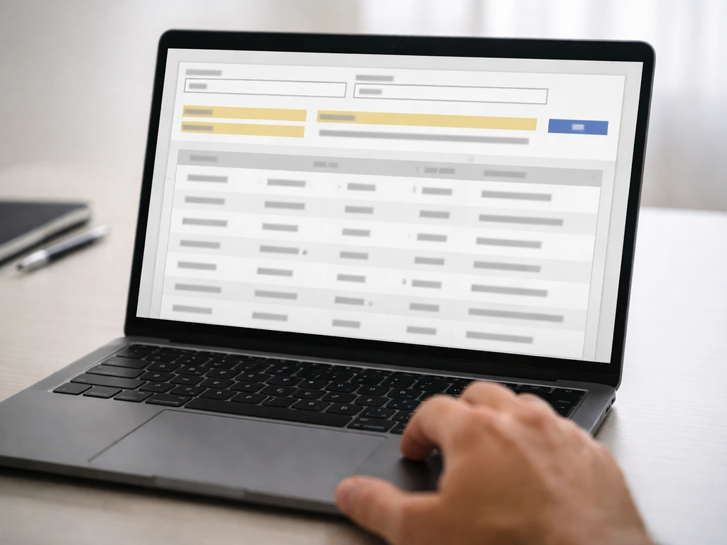 Close-up of a laptop showing a generic business registry search results page concept, focused on fields.