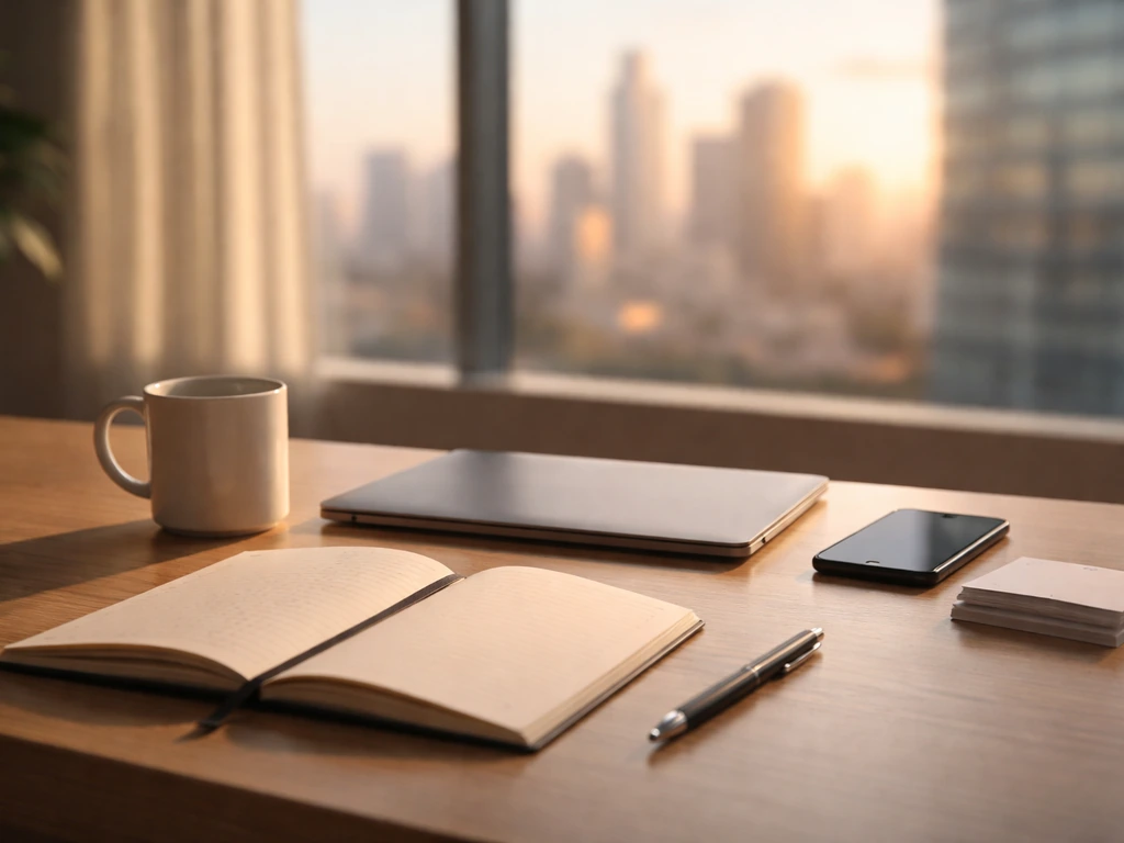 Minimal photo of a clean executive desk with a laptop, coffee, and blurred city skyline symbols of brand strategy