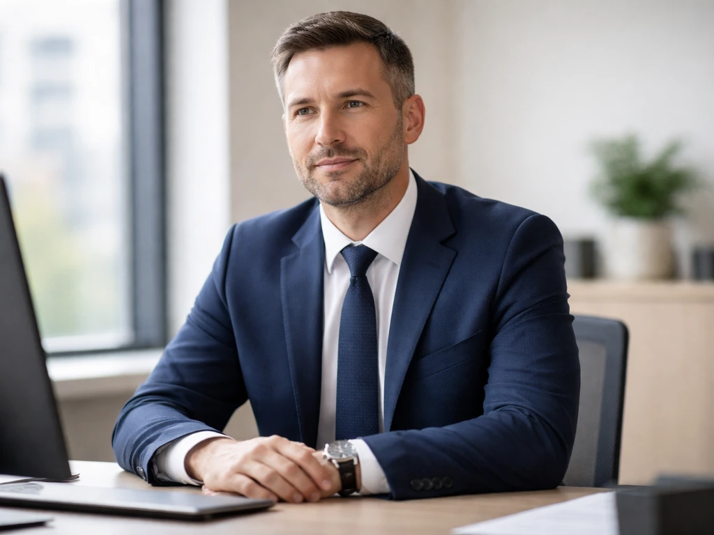 Business executive in a simple office setting, neutral expression, tie and blazer, professional lighting