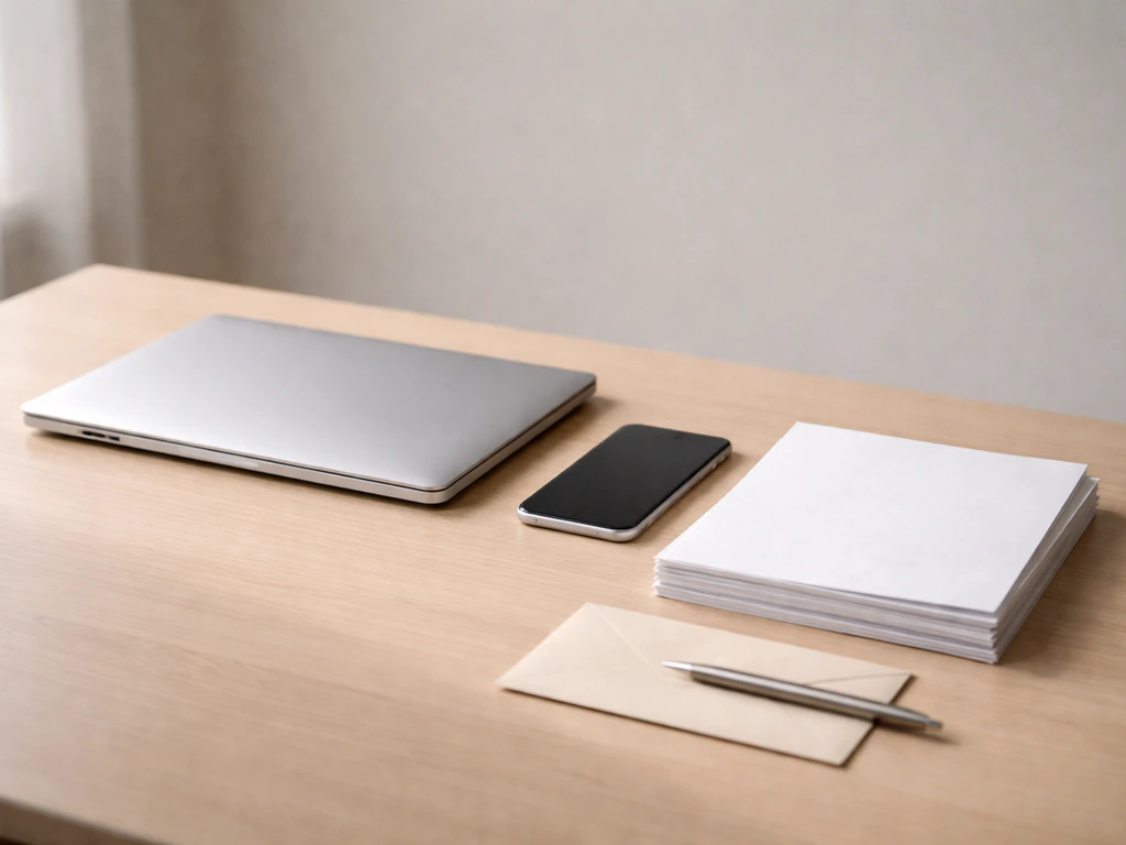 Minimal desk scene with closed laptop, phone, blank papers, and a pen symbolizing income vs assets analysis.
