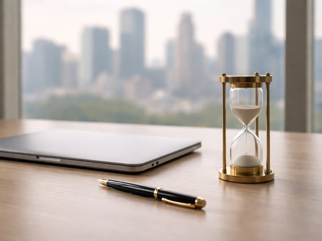 Minimal desk scene with an hourglass, laptop, and pen, symbolizing a wealth-building career timeline.