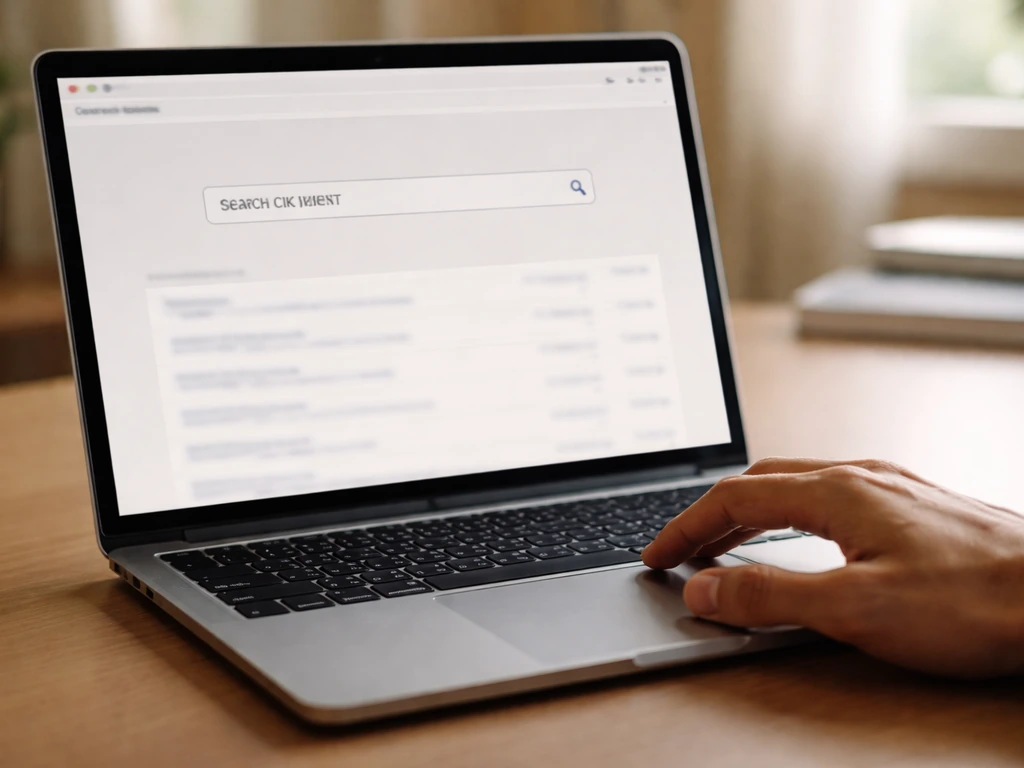 Close-up of a laptop screen showing a clean SEC EDGAR search flow with CIK typed, hands using trackpad