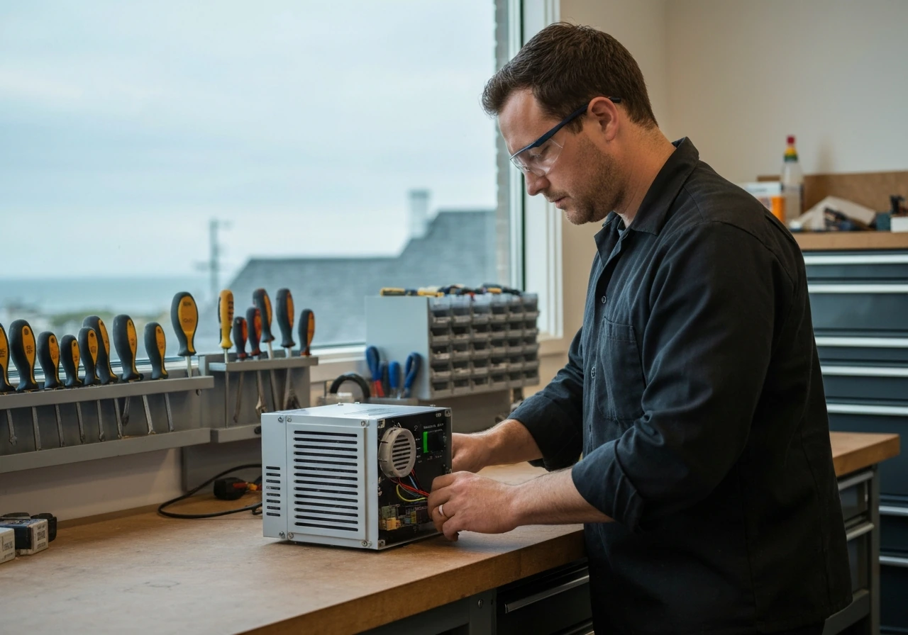 Anonymous engineer adjusts a compact bed climate-control prototype on a workbench in a quiet workshop.