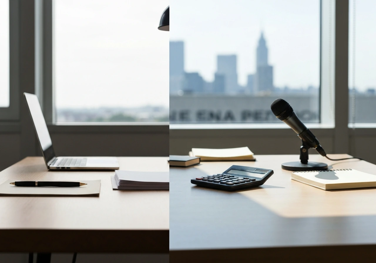 Split-view style photo showing anonymous office desk with money themes, emphasizing varying valuation methods