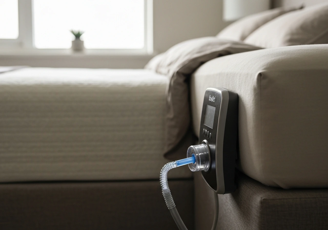 Close-up of a BedJet bed climate-control unit with soft linens and a simple bedroom background.