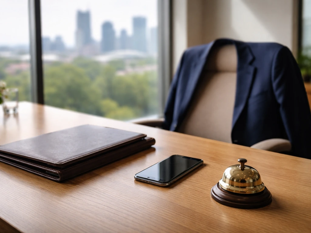 Minimal office desk scene with business items and blurred skyline, symbolizing a corporate founder context.