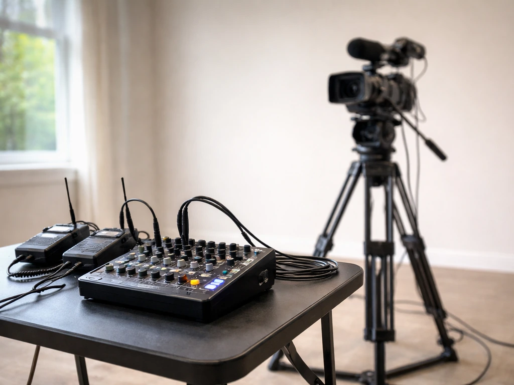 Minimal on-location audio/video recording setup with a camera on tripod and audio gear on a table