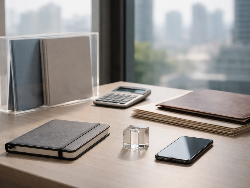 Minimal office desk with documents, folders, phone, and calculator symbolizing funding inputs leading to an estimate.