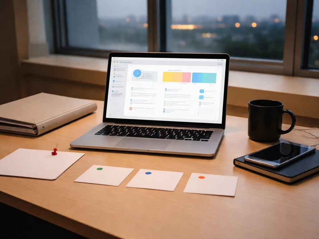 Minimal office desk with an open laptop showing a generic cloud/work dashboard, framed by blurred career timeline cards.