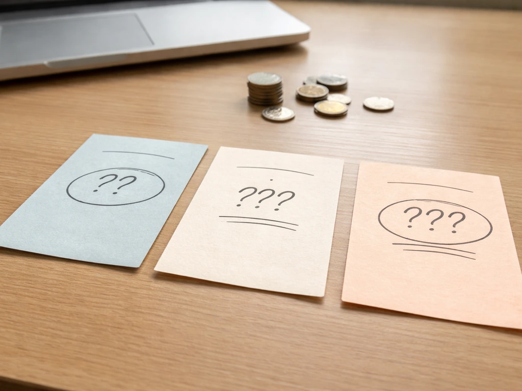 Three blank estimate cards on a desk with coins, symbolizing conflicting net worth assumptions.