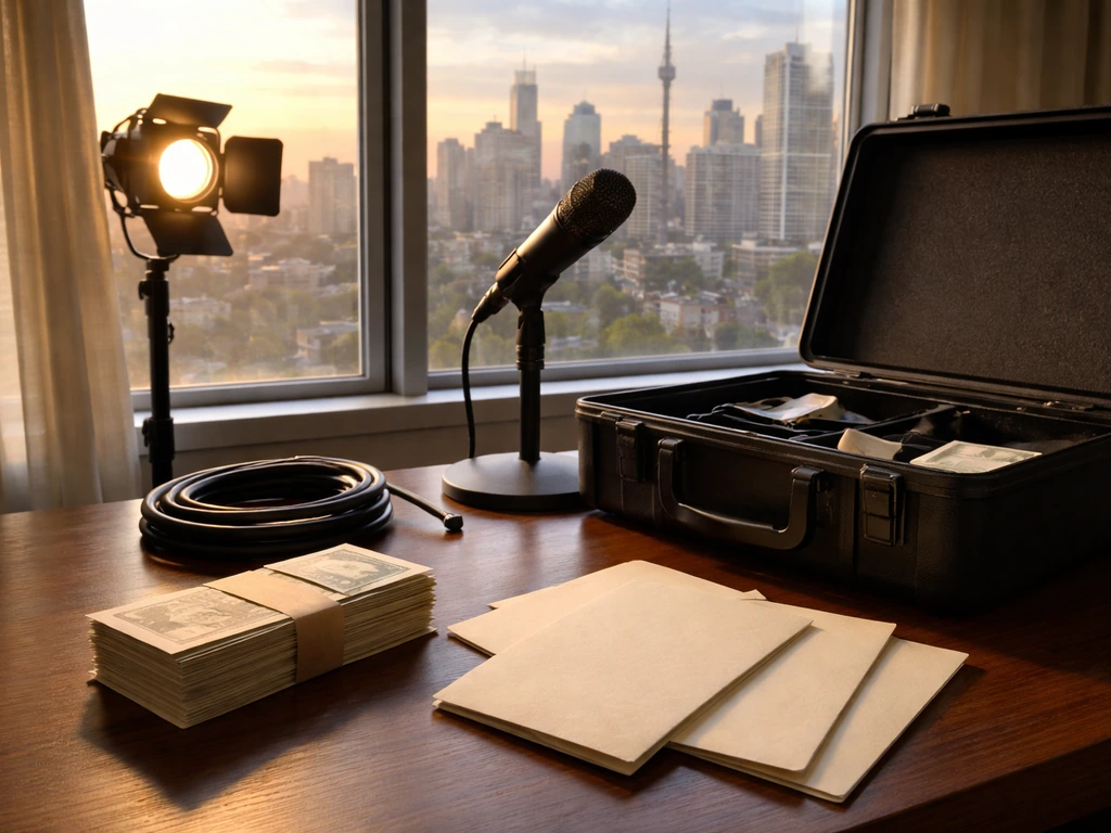 Empty entertainment desk with a microphone and bundled cash-like envelopes beside an unbranded suitcase.