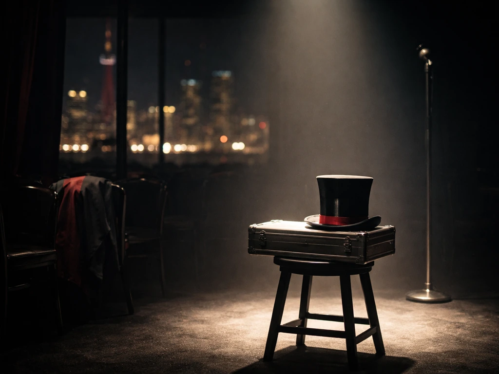Toronto-style stage lights and a magician’s empty spotlight area, symbolizing a wealth-building career timeline.