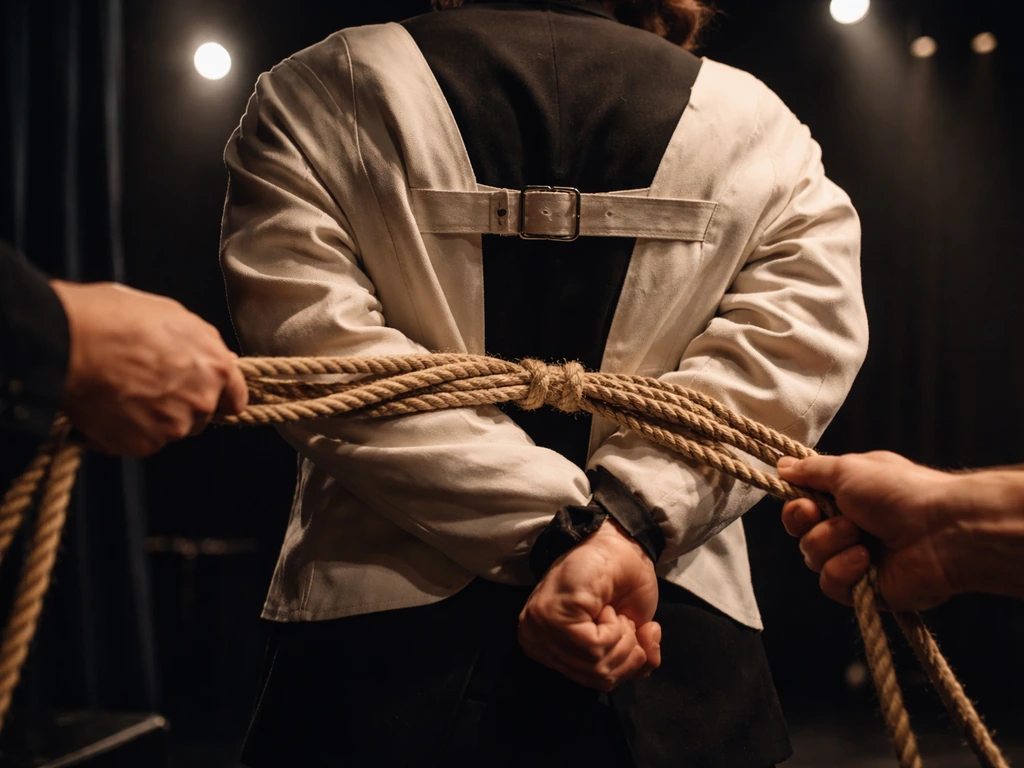 Magician in a straitjacket being secured with ropes during an intense escape stunt
