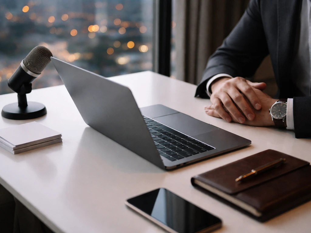 Telecom executive workspace with a laptop, microphone, and city view symbolizing business wealth analysis