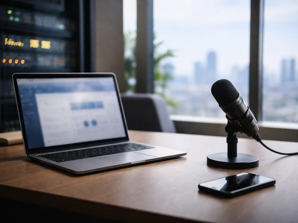 Minimal executive office with blurred laptop and microphone, hints of telecom and business wealth.