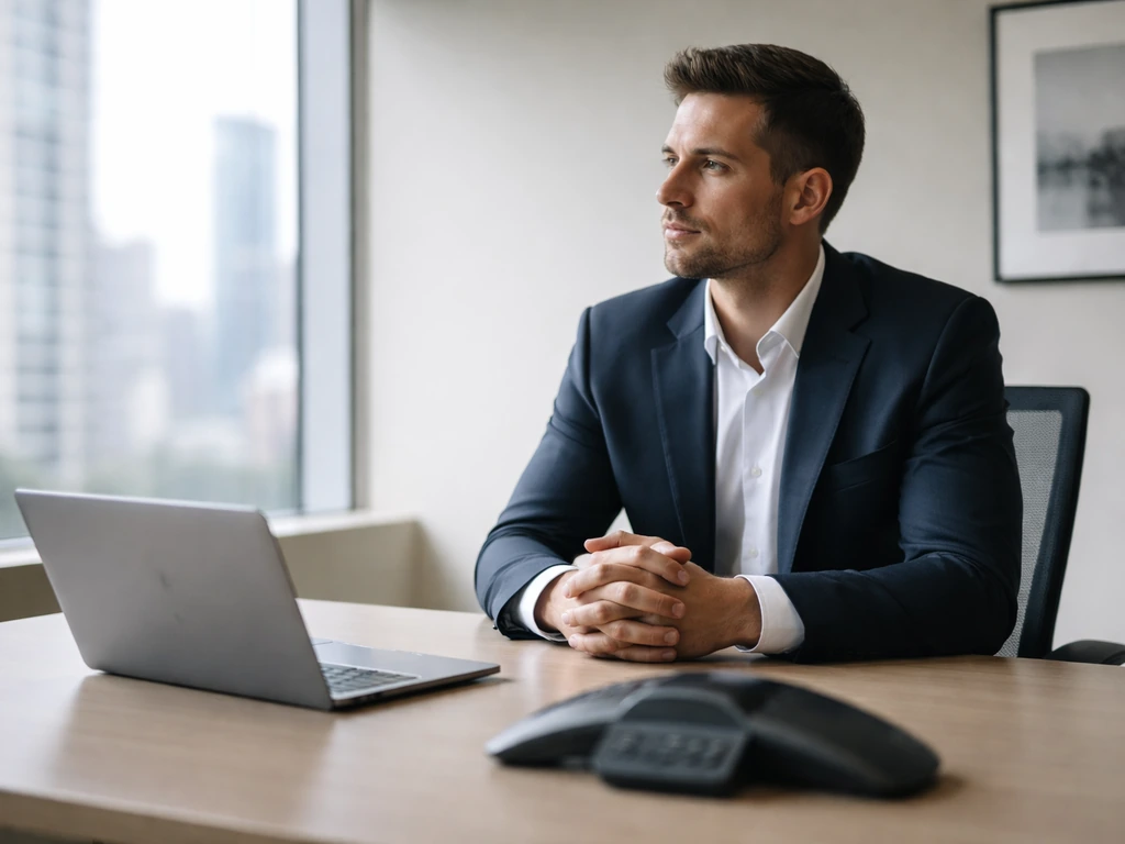 Anonymous telecom executive seated in a modern office with a laptop and blurred city skyline
