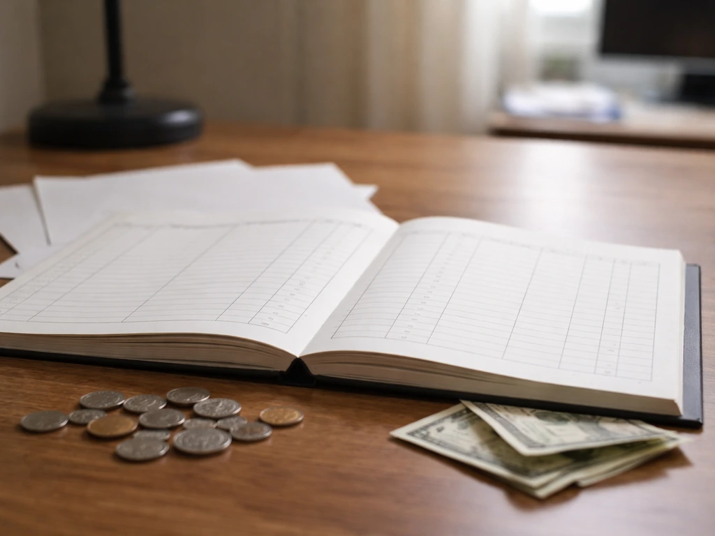 Minimal photo of a desktop with scattered cash and a finance ledger representing differing net worth estimates.