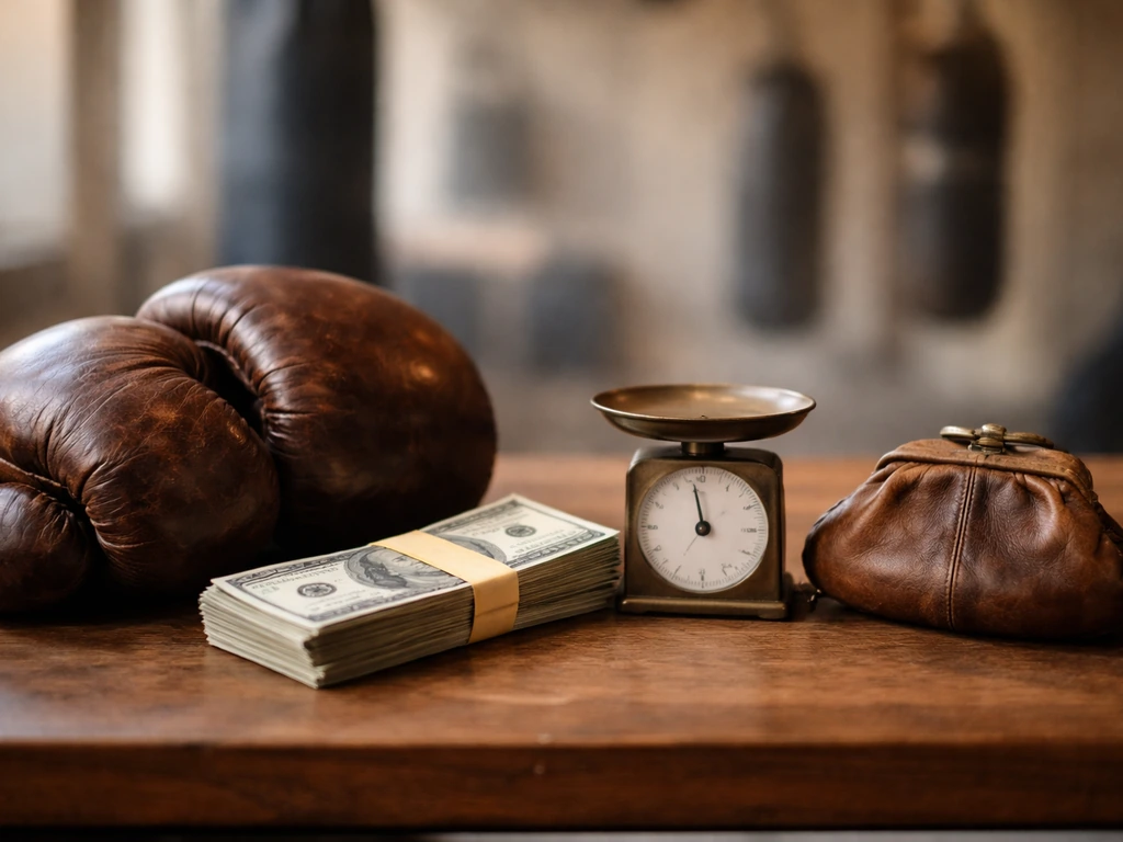 Boxing gloves and a leather fight purse with stacked US bills on a desk beside a simple scale.