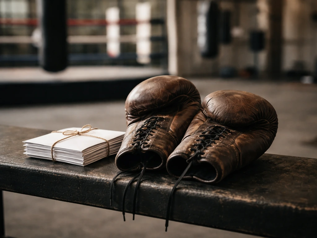 Minimal boxing gym scene with boxing gloves and a neatly stacked envelope symbolizing fight earnings