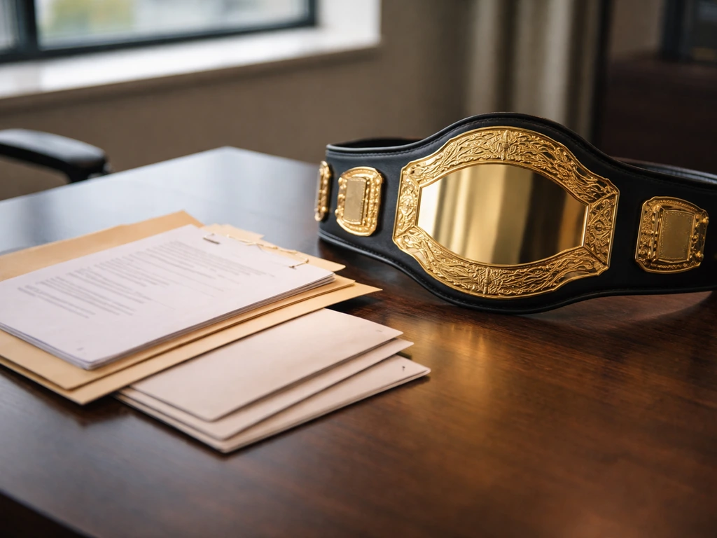 Boxing belt resting beside a signed contract and cash-like envelopes on a desk, symbolizing title incentives.