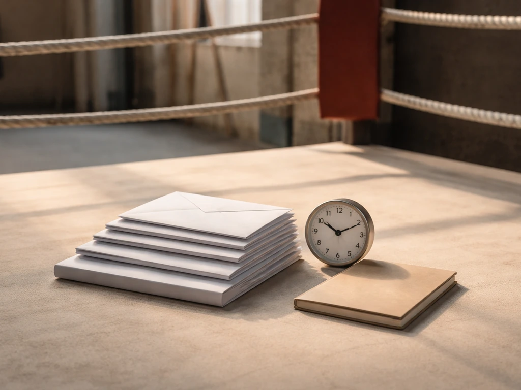 Empty boxing gym corner with stacked envelopes and a clock suggesting rising earnings over time.